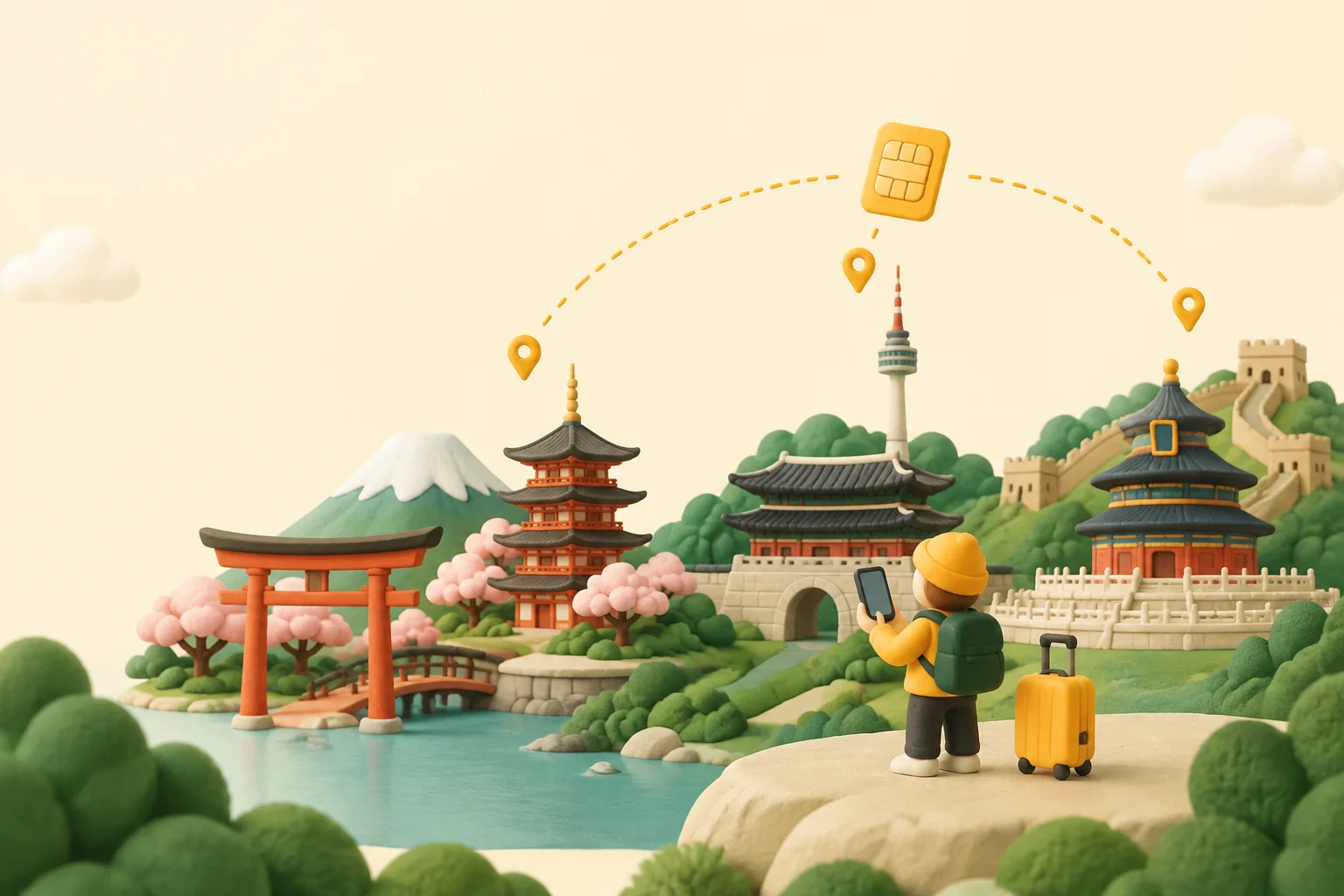 Voyageur vérifiant un forfait eSIM Asie sur un téléphone avant un voyage multi-pays au Japon, en Corée du Sud et en Chine