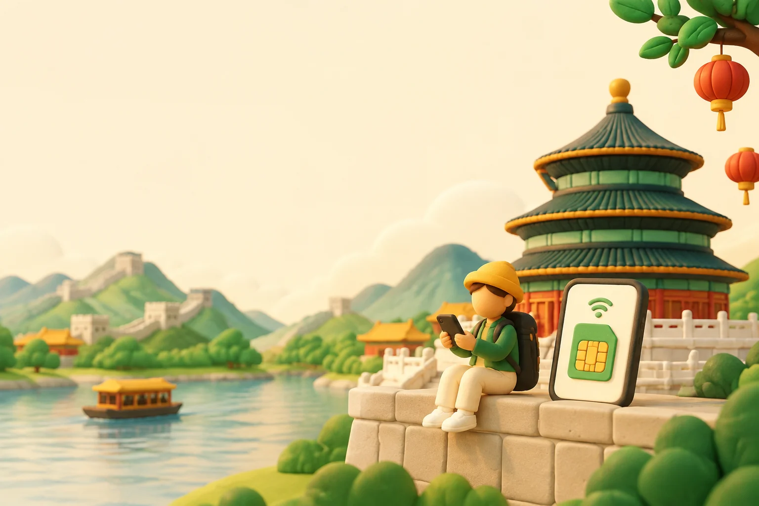 Viajero comprobando un teléfono que muestra un plan de datos de eSIM de China antes de un viaje a China continental