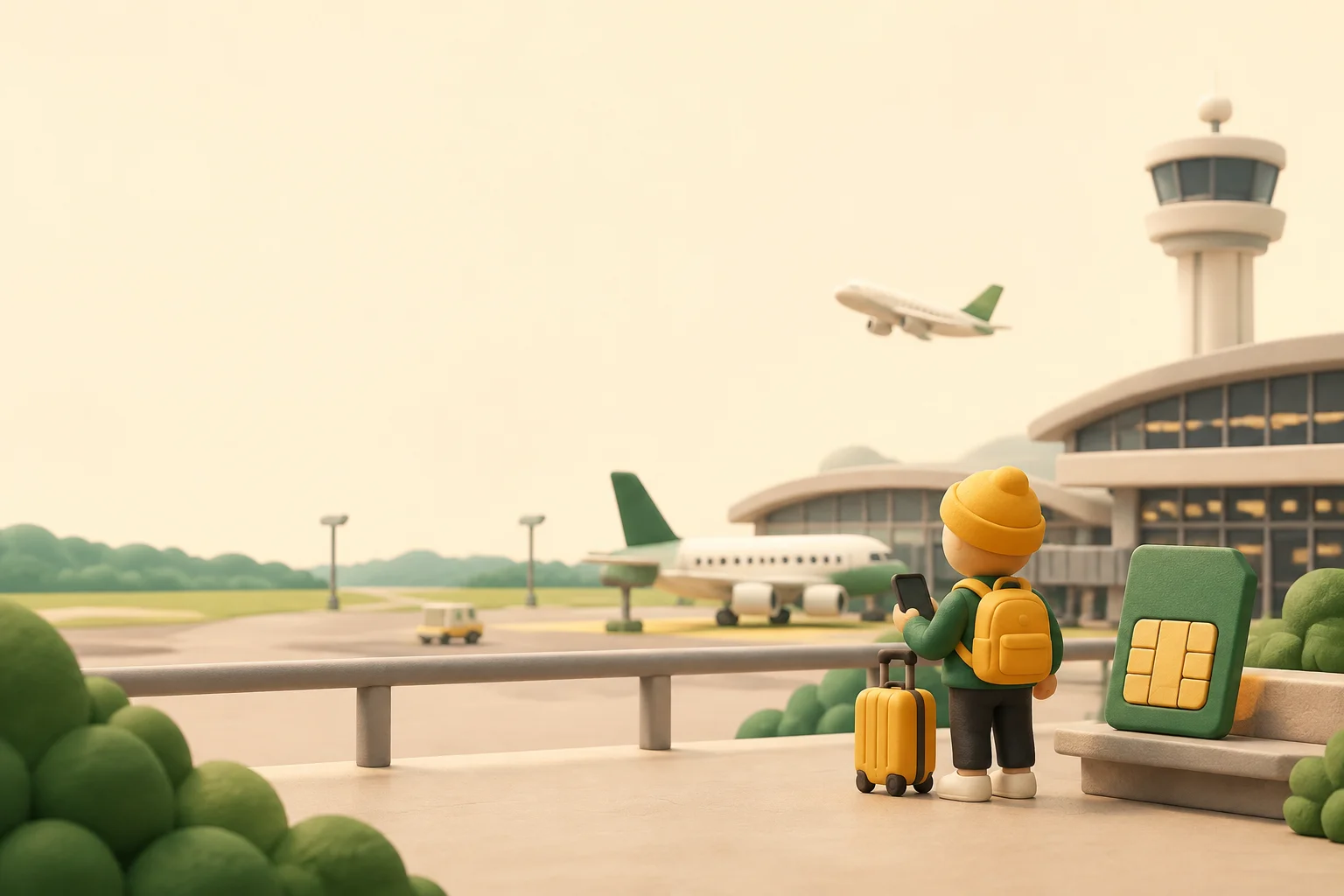 成田空港の到着ロビーに荷物を持って到着した旅行者が、物理SIMカードのカウンターとスマホの日本旅行用eSIMを比較している様子