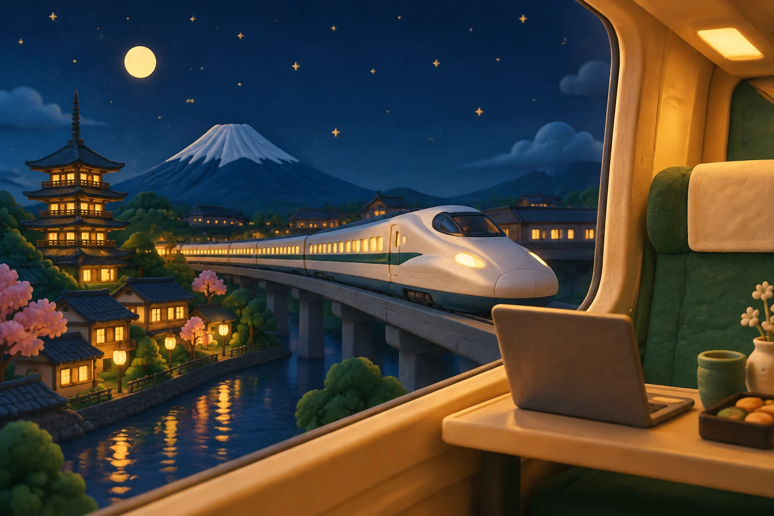 รถไฟหัวกระสุนชินคันเซ็นจอดที่ชานชาลาสถานีในญี่ปุ่น โดยนักเดินทางกำลังเช็คมือถือเพื่อเชื่อมต่อ eSIM ก่อนขึ้นขบวน
